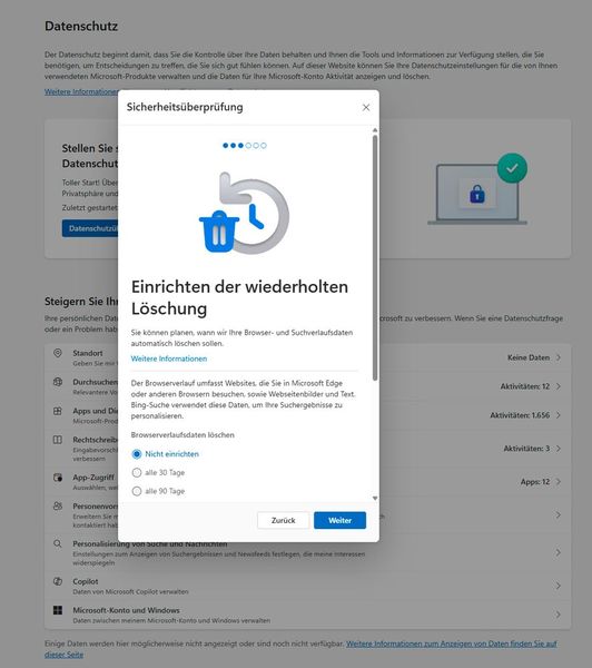 Die Datenschutzprüfung führt schrittweise durch sicherheitsrelevante Einstellungen und erlaubt die Konfiguration automatischer Löschintervalle für Aktivitätsdaten. (Bild: Joos)