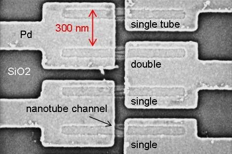 Elektronenmikroskopisches Bild der so erzeugten  carbon nanotube field-effect transistor (CNTFET) arrays mit den darüberliegenden metallischen Anschlüssen (Foto: IBM Research)