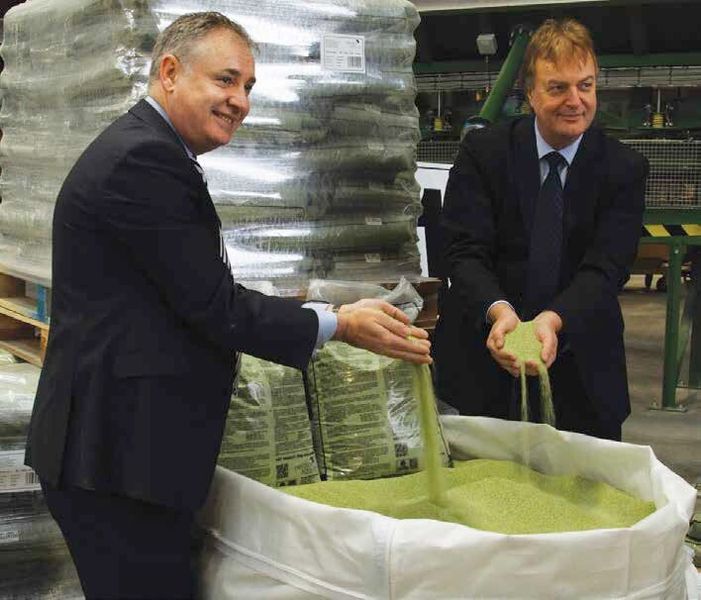 Environment Minister, Scotland, Richard Lochead and Chairman and Founder, Dryden AquaLtd, Dr Howard Dryden showcase the activated filter media (Picture: SVS Aqua Technologies)