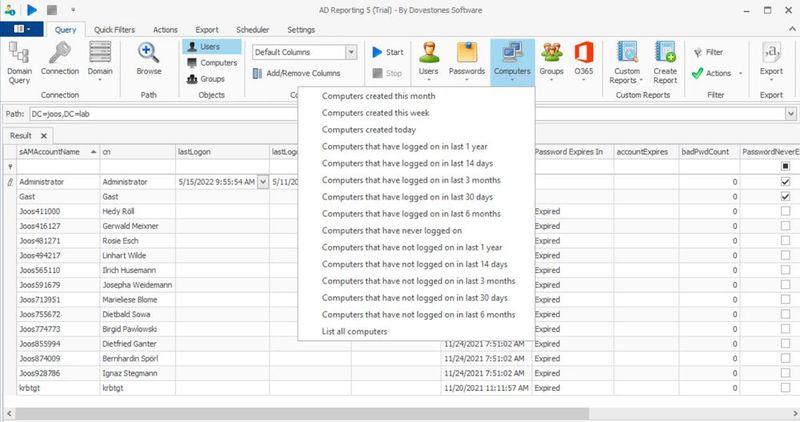 Erstellen von weiteren Abfragen und Filtern direkt in der grafischen Oberfläche von Dovestones Software AD Reporting. (Bild: Joos / Infoopia Inc / Dovestones Software)