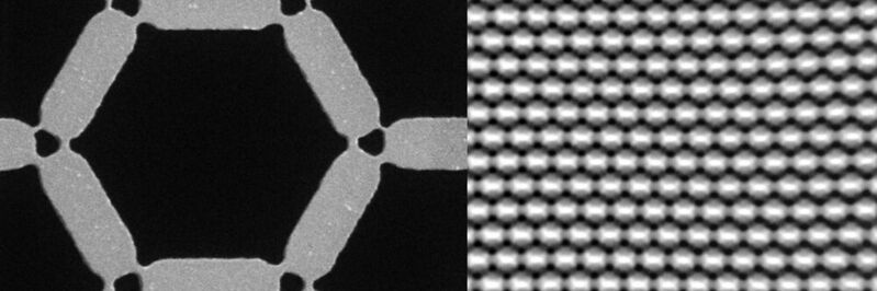 Abbildung: (a) Rasterelektronenmikroskopische Aufnahme von lithografisch erzeugtem künstlichem Kagome-Spin-Eis, das die durch magnetische Brücken asymmetrisch verbundenen Permalloy-Magnete im Nanomassstab zeigt. Die kleinsten Brücken sind nur 10 Nanometer breit. (b) Die resultierende magnetische Ordnung wird mit einem Photoemissions-Elektronenmikroskop an der Synchrotron Lichtquelle Schweiz SLS abgebildet. Aus dem Hell-Dunkel-Kontrast lässt sich die magnetische Konfiguration bestimmen und mit Computersimulationen vergleichen.