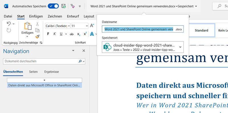 Speichern von Dokumenten aus Word 2021 direkt in SharePoint-Online-Bibliotheken. (Bild: Joos)