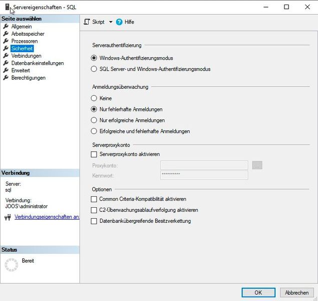 Serverauthentifizierung und Überwachung in den Eigenschaften einer SQL-Instanz überprüfen. (Bild: Joos)
