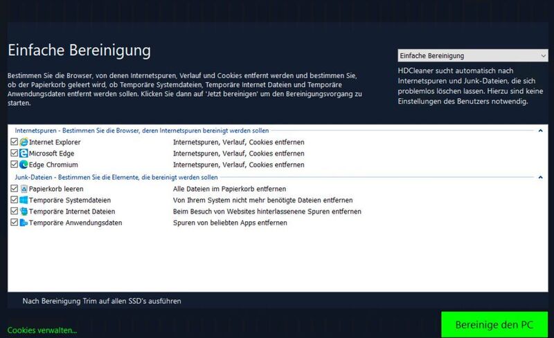 Mit HDCleaner können auch Anfänger mit einem Klick Windows bereinigen. (Joos/KurtZimmermann Software (Screenshot))
