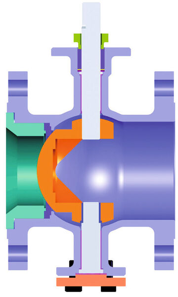 Cut through a V–port segment ball valve — one of the designs used at Textilcolor. (Source: JDV Control Valves)