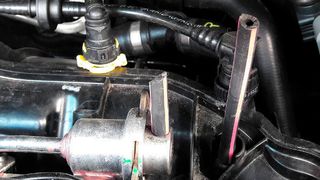 Ein Marder hat den Schlauch zum Kraftstoffdruckregler zerbissen. Die Eigendiagnose verdächtigt den Luftmengenmesser zu Unrecht und könnte einen Endkunden auf die falsche Fährte 
locken. (Holz)