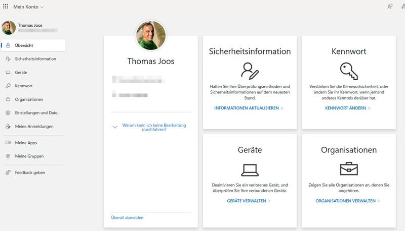 Benutzer können ihr Konto in Azure AD/Entra ID teilweise selbst verwalten und freigegebene Anmeldemethoden hinterlegen. (Bild: Joos)