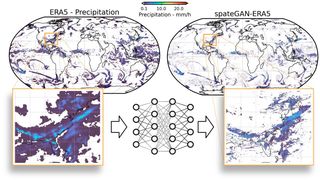 Never be caught unprepared in (heavy) rain again! At KIT in Karlsruhe, they have succeeded in using generative artificial intelligence to turn coarse weather data (left) into more detailed forecasts (right). (Image:KIT / Ch. Chwala)