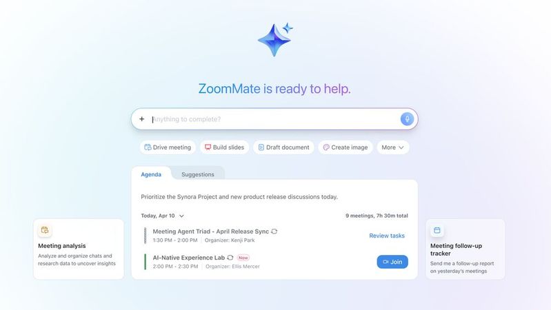 Zoom hat ZoomMate veröffentlicht, einen KI-Agenten für Zoom Workplace. Das System bündelt Suche, Workflow-Ausführung, eigene Agenten und Content-Erstellung in einer Oberfläche. (Bild:  Zoom)