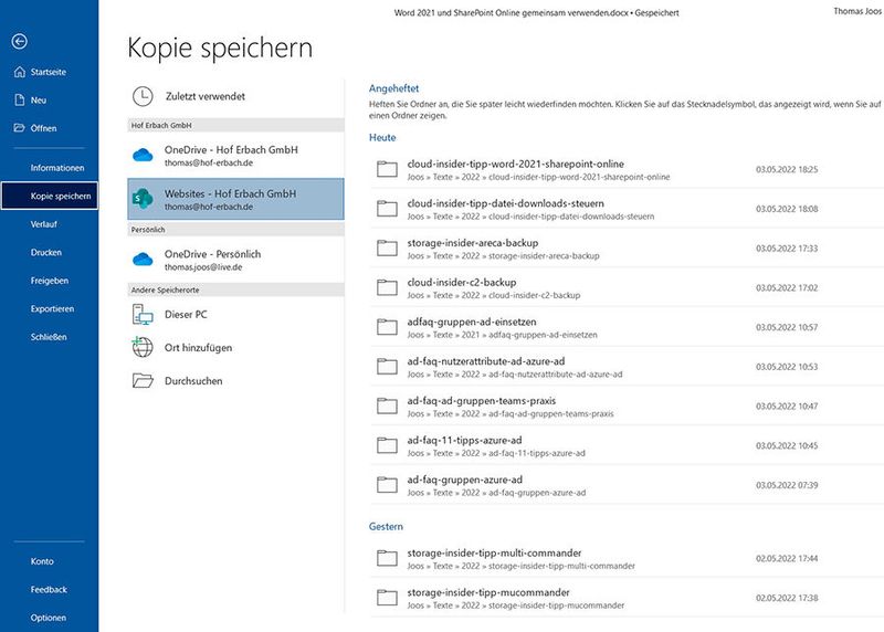 Das Speichern von Kopien ist an verschiedenen Orten möglich, auch zu SharePoint Online. (Bild: Joos)