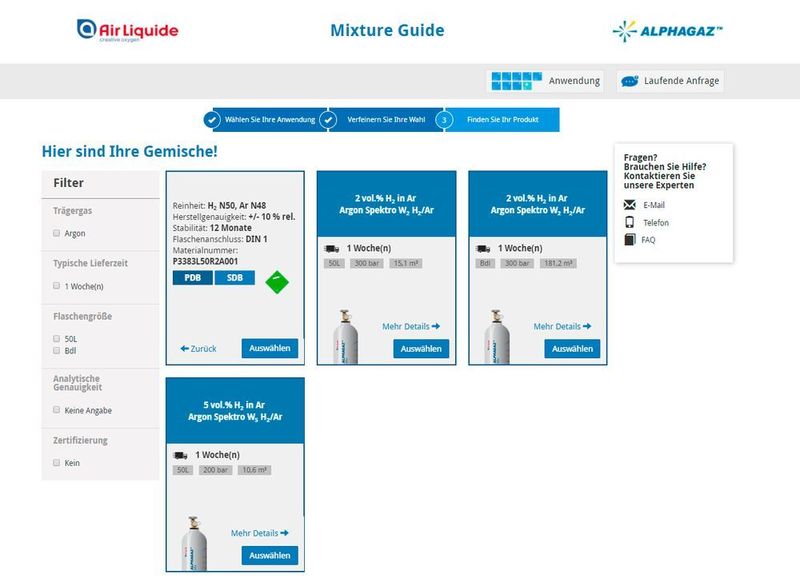 Ergebnisliste mit Filtermöglichkeit am Beispiel Spektroskopie (Air Liquide)