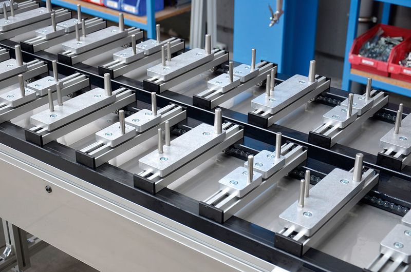 Taktkettenumlauf für den Transport von Getriebegehäusen zwischen zwei Bearbeitungszentren. Die Gehäuse werden per Roboter aufgesetzt und abgenommen. Zwei Querprofile mit Aufnahmezapfen werden zu einem Werkstückträger kombiniert. (Maschinenbau Kitz GmbH)