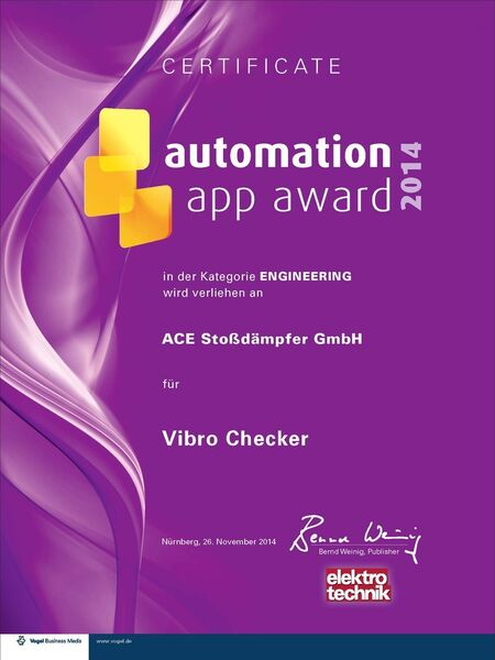 Die ACE Stoßdämpfer GmbH ging als Sieger der „automation app awards 2014“ in der Kategorie „Engineering-App“ aus dem Rennen. Mehr als 60% der abgegebenen Stimmen von Lesern des Fachmagazins „elektrotechnik – Expertenwissen in der Automation“ fielen im Online-Voting auf die App namens VibroChecker. (Bild: elektrotechnik)