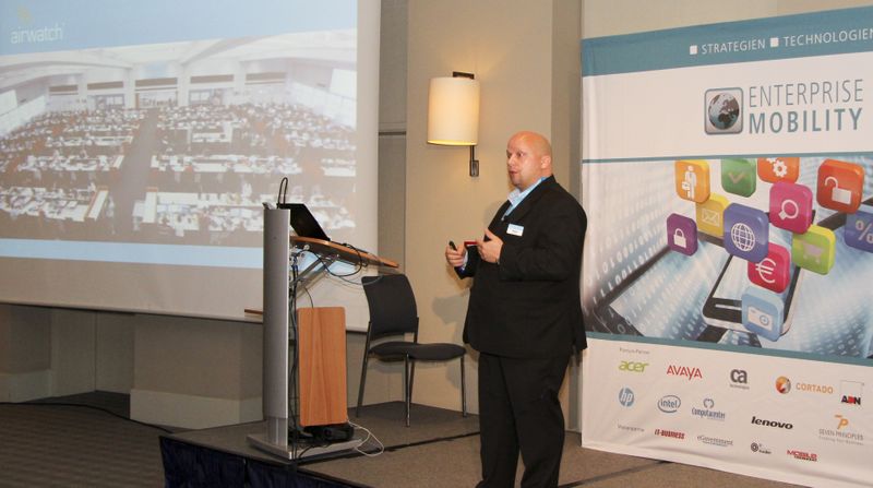 AirWatch war mit der Lösung »AirWatch® by VMware® Enterprise Mobility Management« vertreten, die Pascal Schumachers vorstellte. ()