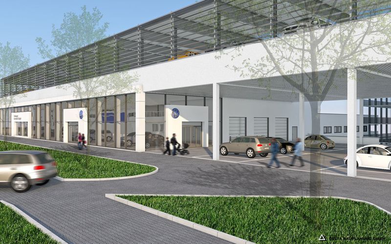 Rechts im Bild zu sehen die Hofeinfahrt, die räumlich und optisch die Gebäudebereiche von VW und Seat trennt. (Delta Bauplanung GmbH)