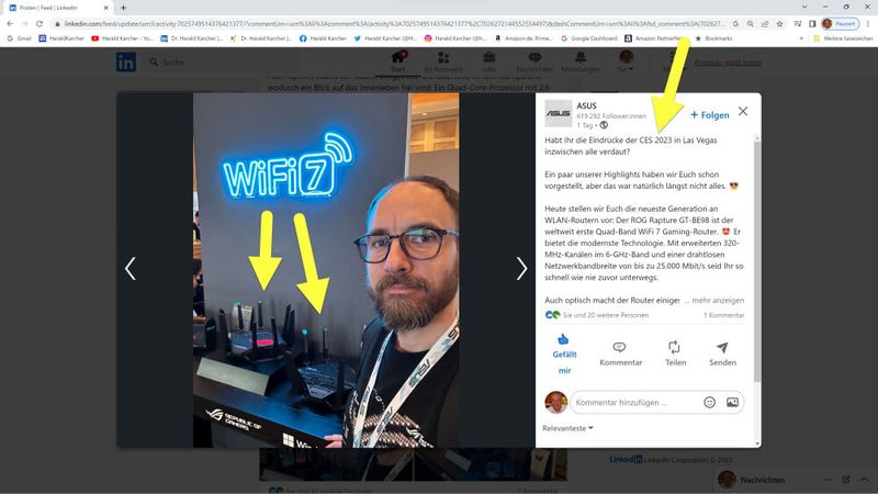 Laut ASUS-Posting auf LinkedIn ist der ROG Rapture GT-BE98 der weltweit erste Quad-Band Wi-Fi 7  Gaming-Router. Hier im Bild, vor Ort in Las Vegas: Christian Wefers, Teamleader Public Relations, Open Platform Business Group. (Bild: Asus)