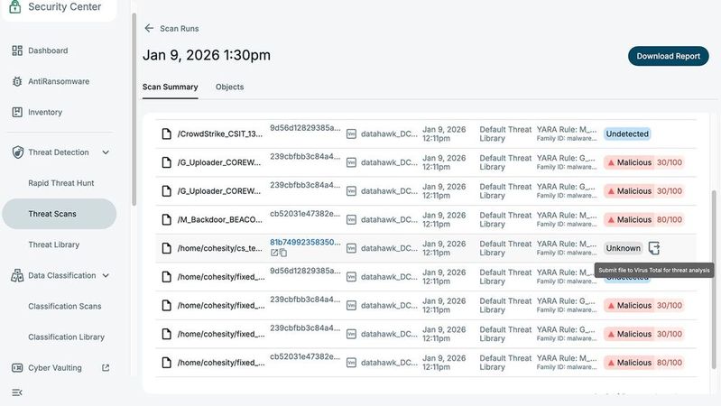 Cohesity Data Cloud: Werden beim Scan verdächtige Dateien gefunden, werden diese mit Kompromittierungsindikatoren angezeigt.(Bild:  Cohesity)