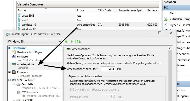 Abbildung 6: Auch den neuen dynamischen Arbeitsspeicher können Sie für VMs mit Windows 10 und Version 6.2 im laufenden Zustand anpassen. Dies wird einfach in den Eigenschaften der VM konfiguriert. (Bild: Joos)