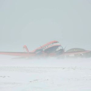 The German research aircraft Polar 5 at the Eureka Weather Station in driving snow. 
