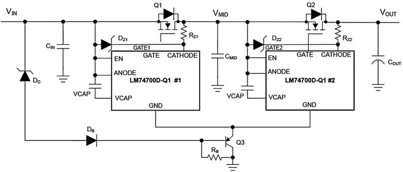 Bild 2:  Schaltung mit kaskadierten Ideal-Diode-Controllern. (Bild: TI)