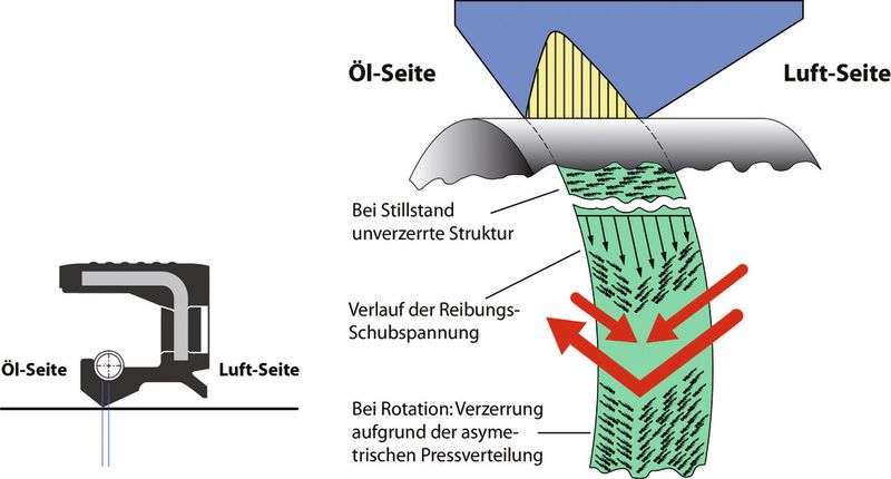 Bild 3: Die geradlinig umlaufende Dichtkante mit asymmetrischen Kontaktwinkeln zwischen Schmierstoff- und Luftseite muss zum Beispiel Rundlaufabweichungen zum Trotz dafür sorgen, dass die Dichtwirkung stets erhalten bleibt. (Bild: SKF)