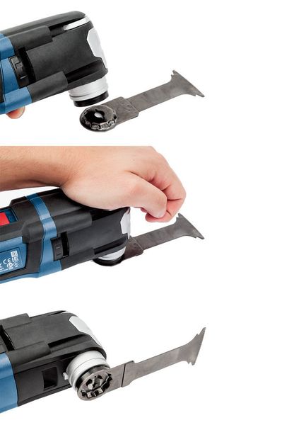 Die Multi-Cutter GOP 55-36 Professional, GOP 40-30 Professional sowie der Akku-Multi-Cutter GOP 18V-28 Professional zeichnen sich durch das neue „Snap-In“-System aus. Es funktioniert ähnlich wie eine Ski-Bindung: Zubehör hinlegen, Starlock-Aufnahme darauf drücken, fertig. Schon sitzt das Zubehör und der Anwender kann sofort loslegen. (Bosch)