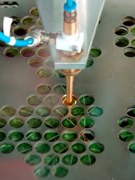 Wie Konfetti sehen die Tausenden kleinen runden Blattstückchen aus, die für Versuche in der Fungizidforschung genutzt werden. Ein Laborroboter schneidet die Blattstückchen mithilfe eines Lasers aus den Blättern. (Bild: BASF)