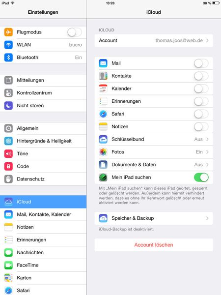 Über Einstellungen\iCloud sollten Anwender die Mein iPad suchen-Funktion aktivieren. So lässt sich ein verlorenes iPad schneller finden. Die gleiche Funktion gibt es auch für iPhones. (Bild: Joos)