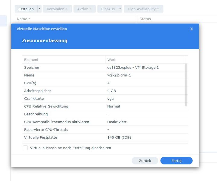 Fertigstellen der Erstellung einer VM in Synology Virtual Machine Manager. (Bild: Joos - Synology)