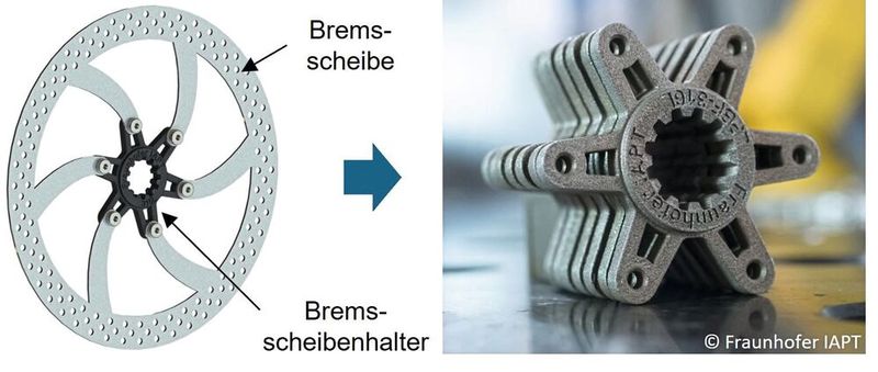 In der Vergleichsstudie erfolgte die wirtschaftliche Bewertung von Metal-SLS anhand von 1.000 Fahrradbremsscheibenhaltern, einem klassischen Bauteil für die Klein- bis Mittelserienfertigung. (Bild: Fraunhofer IAPT)