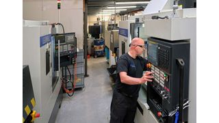 The pair of Leadwell V-30iT 5-axis machining centres on the shop floor at G&J (CNC) Services' Paddock Wood factory. The compact machines, each of which occupies a footprint of just over 2.4 by 2.1 metres, raised the number of CNC machine tools on site to 18.  (Source: WH-Lead)