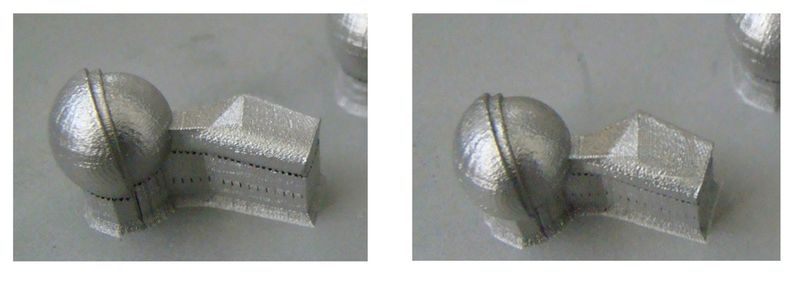 Für das menschliche Auge ist zwischen dem herkömmlich gefertigten Bauteil (links) und dem lasergefertigten Bauteil (rechts) kein Unterschied erkennbar. Abweichungen der Bauteilqualität erkennt QM-Meltpool. (Bild: Concept Laser)