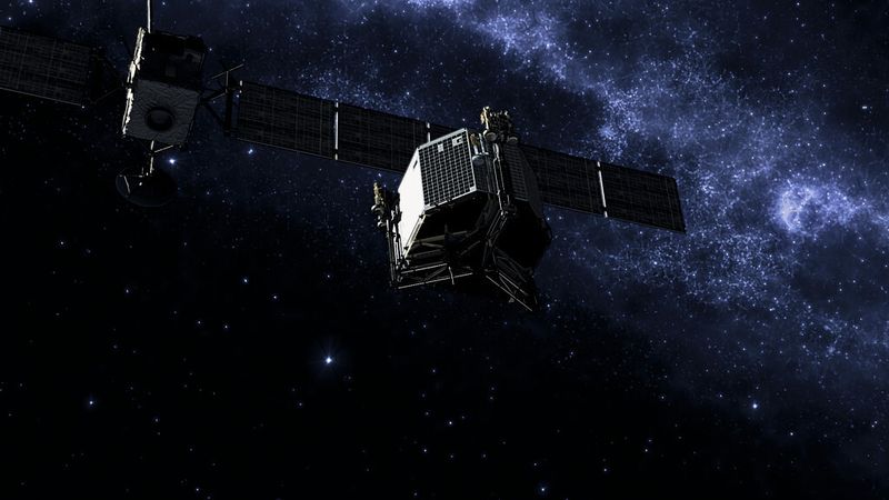 Am 12. November 2014 hat sich das Landegerät Philae vom Mutterschiff gelöst, auf dem Kometen aufgesetzt und sich sofort mit Harpunen im Eis verankert. (Bild: DLR)