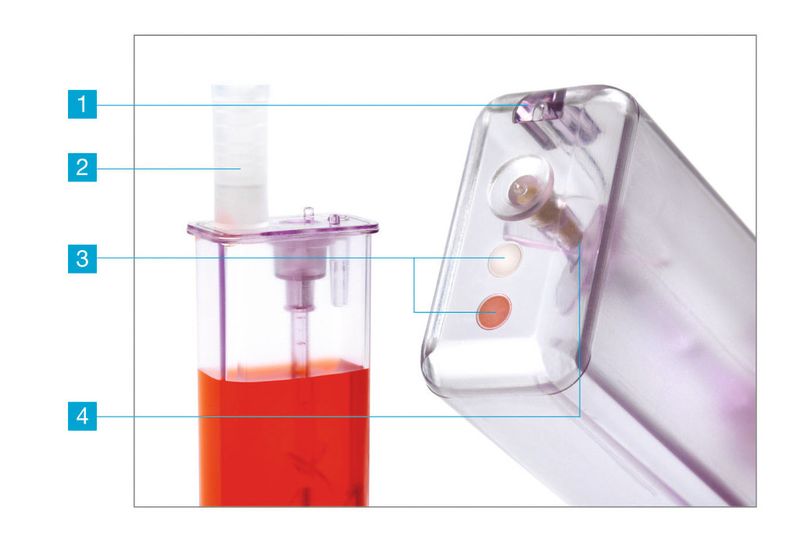 Abb. 2: Die zentralen Komponenten des Microbioreaktors: der Gaseinlass (1), Probenzufuhr (2), pH- und DO-Spots (3) und das Rührwerk (4). (Bild: Sartorius)