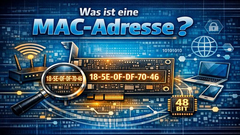 Die sechs Byte lange MAC-Adresse hat einen fest vorgegebenen Aufbau und dient als eindeutige Hardwarekennung einer Netzwerkschnittstelle.(Bild:  Copilot / KI-generiert)