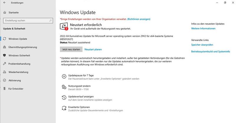 Nach der Installation von Qualitätsupdates ist in Windows Server 2022 ein Neustart notwendig. (Bild: Microsoft / Joos)