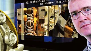 Veit Loeffler, Geschäftsführer der LFD Wälzlager GmbH, präsentiert den Film über die eigene Rillenkugellagerproduktion. Bild: Sell Media Company (Archiv: Vogel Business Media)