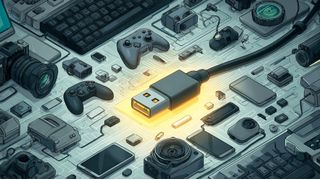 Via USB lassen sich externe Geräte wie Festplatten, Speichersticks, Drucker, Tastaturen, Monitore, Smartphones und andere an einen Computer anschließen. (Bild: Midjourney / KI-generiert)