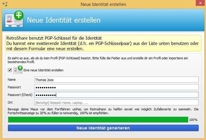 Nach der Installation des Clients müssen Anwender eine neue Identität erstellen. (Bild: RetroShare)