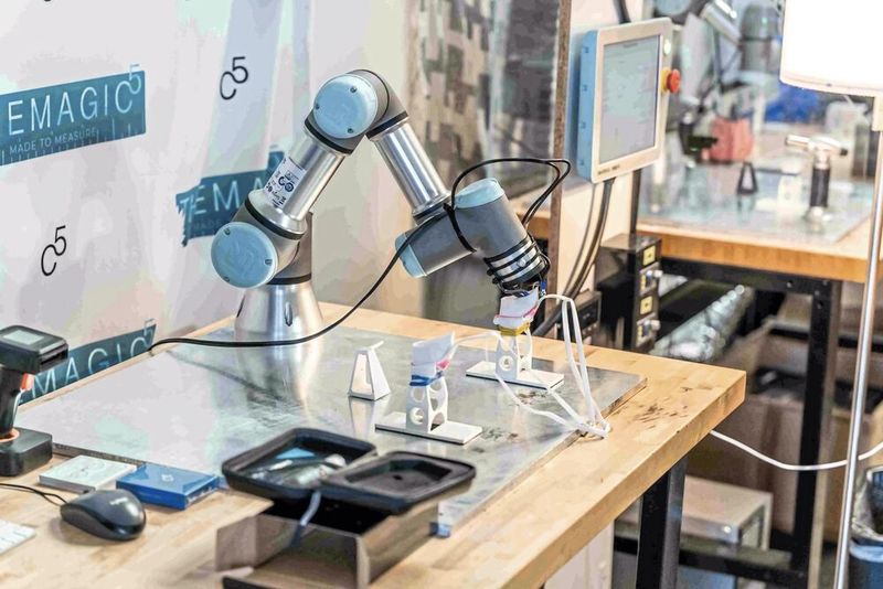Grâce à son agilité et à un outil de découpe au fil chauffant, le cobot UR3 d'Universal Robots transforme un scan 3D en une paire de lunettes de natation THEMAGIC5 parfaitement ajustée en quelques minutes. (Source : THEMAGIC5)