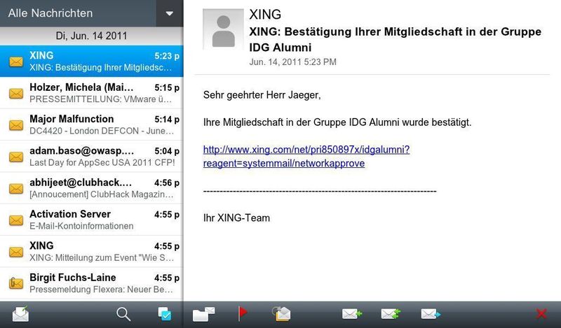 E-Mail auf dem Tablet: Der E-Mail-Client des Playbooks. (Archiv: Vogel Business Media)
