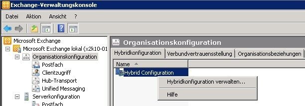 Abbildung 2: Um Exchange Server 2010 mit Office 365 zu verbinden, ist der Hybridkonfigurationsassistent notwendig. Diesen starten Administratoren über das Kontextmenü von Organisationskonfiguration. Nach der Durchführung lassen sich die Einstellungen über das Kontextmenü von Organisationskonfiguration\Hybridkonfiguration anpassen. Hier sind zuerst alle wichtigen Einstellungen vorzunehmen. (Bild: Joos)
