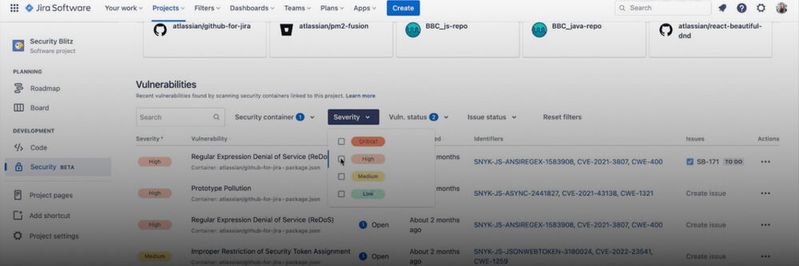 Über den Security Tab in der Jira Software Cloud lassen sich Sicherheitsprobleme schnell anzeigen, filtern, priorisieren und beheben.