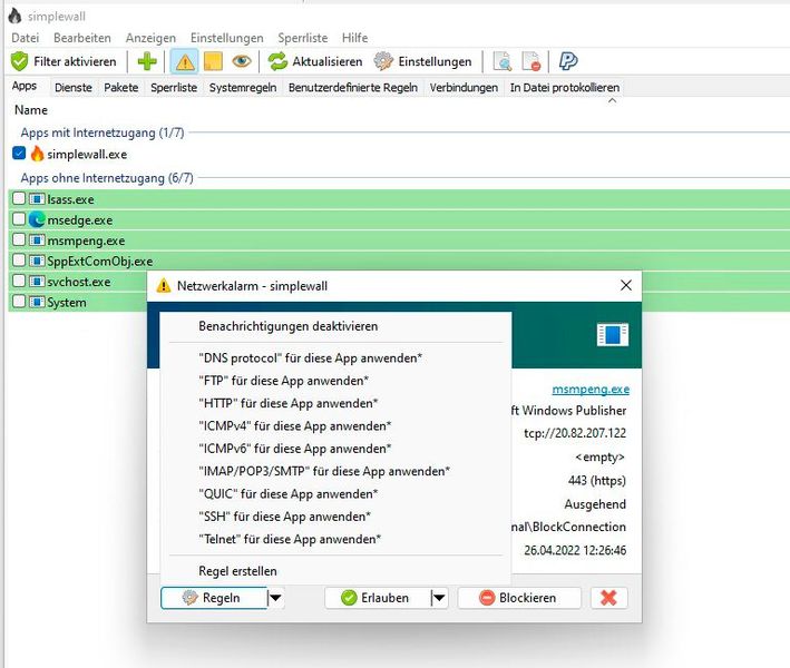 Anpassen von Filtern für einzelne Regeln in Simplewall. (Bild: Joos)