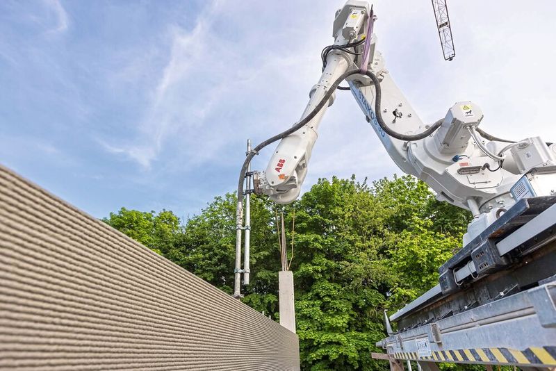 To apply the building material quickly and efficiently at the intended locations of the building, a six-axis articulated robot is used. A spray nozzle is mounted on it, which dispenses the building material evenly and quickly. (Image:Guido Leifhelm)