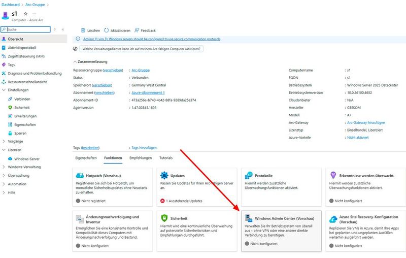 Das Windows Admin Center steht auch im Azure-Portal zur Verfügung und kann Verbindungen zu Servern im lokalen Rechenzentrum aufbauen.  (Bild: Joos | Microsoft)