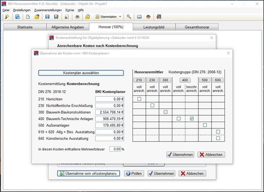 (Einfache Übernahme der anrechenbaren Kosten vom BKI Kostenplaner. Bildquelle: Baukosteninformationszentrum Deutscher Architektenkammern (BKI))