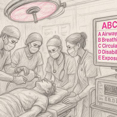 Die im Projekt zu entwickelnde  KI soll die Gespräche im Notfall-Eingriffsraum erfassen, Befunde und Maßnahmen identifizieren und daraus fortlaufend ein Live-Bild in Ampellogik nach dem ABCDE-Schema erstellen. (Bild: © Bild erstellt mit GPT-5 / Fraunhofer IAIS)