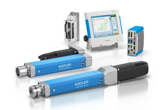 Das Portfolio der elektromechanischen Fügesysteme: Die neuen NCFx Pro Fügemodule (Typ 2164A) mit integrierten piezoelektrischen oder DMS Kraftsensoren direkt in der Werkzeugaufnahme, dem Servoverstärker ctrlX DRIVE sowie dem Prozessüberwachungssystem maXYmos NC.(Bild:  Kistler Gruppe)