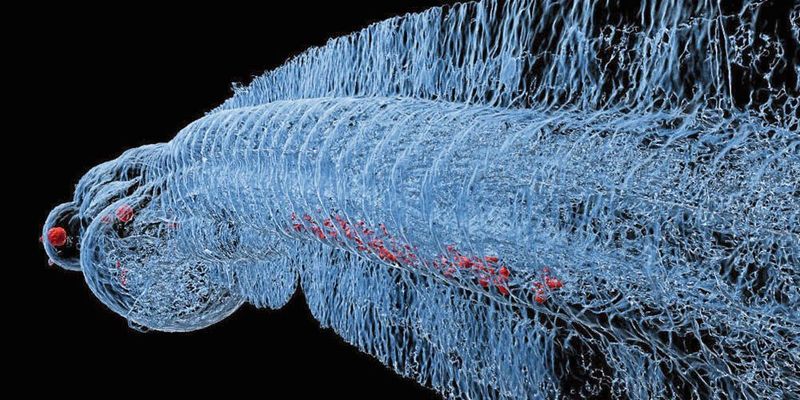 Immunzellen (Makrophagen) im Schwanzbereich des Fisches nehmen die Metall-Nanopartikel auf und sammeln sie neben einem zentralen Blutgefäss. (Universität Basel, Jan Bolten)
